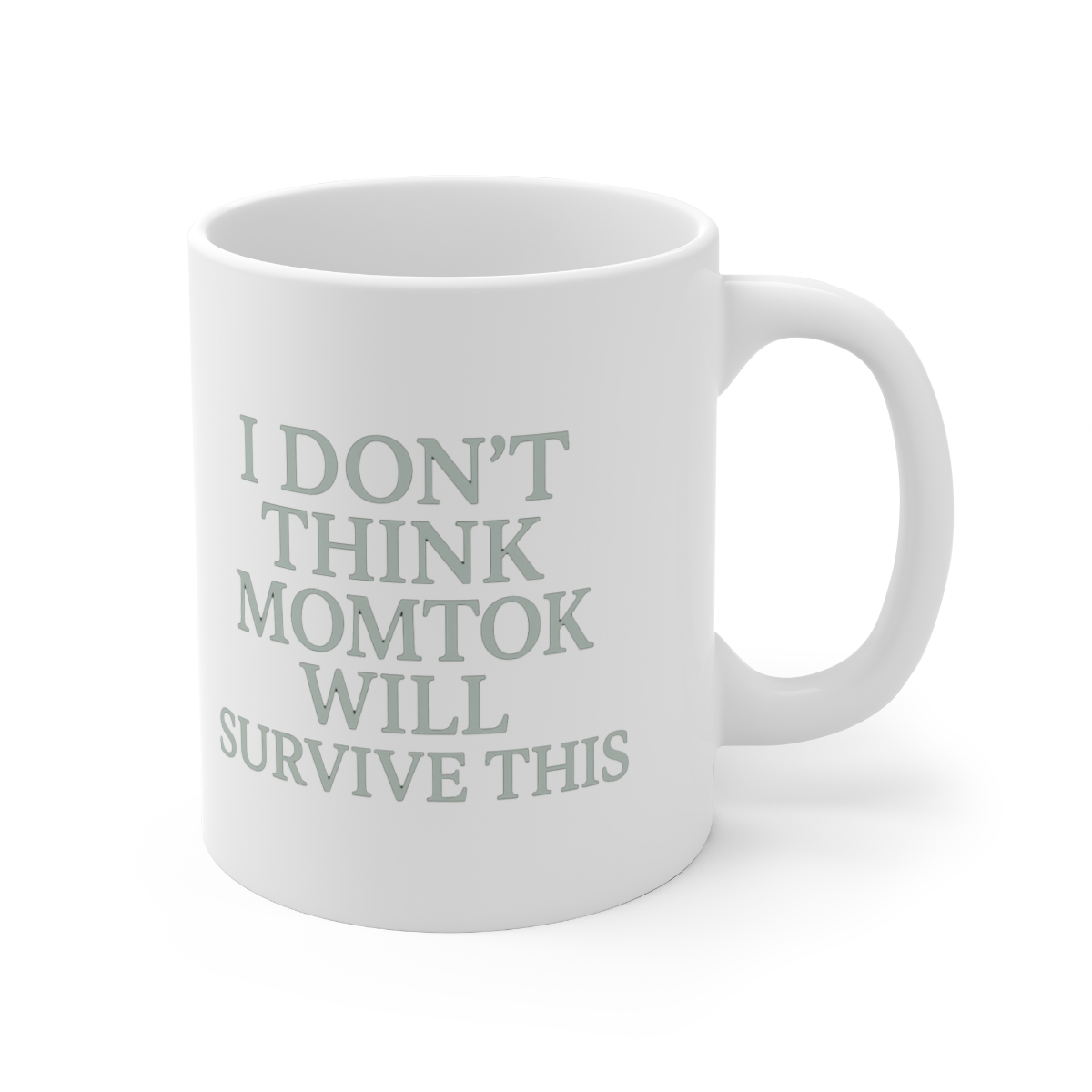 White ceramic mug with a purple interior, handle, and accent. The mug features the text "I DON'T THINK MOMTOK WILL SURVIVE THIS" in a green-gray font. The mug is on a white surface.